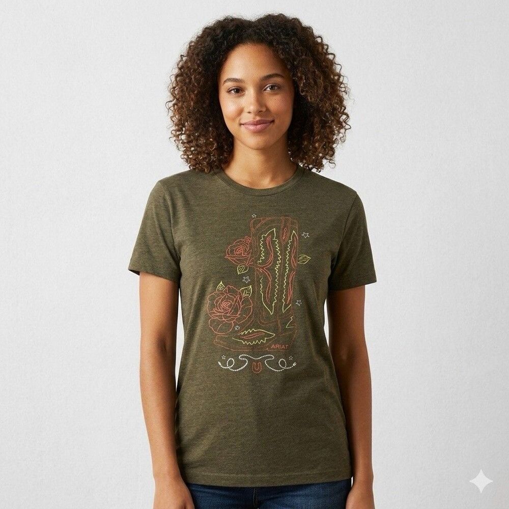 ARIAT Women's M Olive Heather Cowgirl Boot Rose Graphic T-Shirt Buckle Exclusive